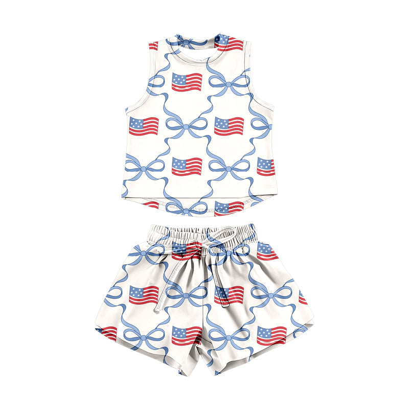 GSSO3519 Preorder Baby Girls Red Blue Bows Flags Checked Top Short 4th of July Clothes Sets