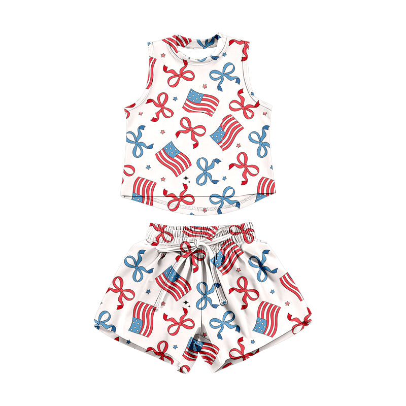 GSSO3520 Preorder Baby Girls Red Blue Flags Bows Stars Top Short 4th of July Clothes Sets