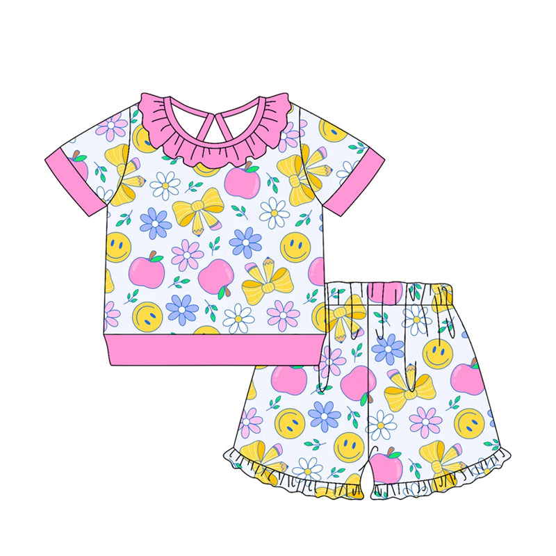 GSSO3523 Preorder Baby Girls Bows Pencils Flowers Top Ruffle Short Back to School Clothes Sets