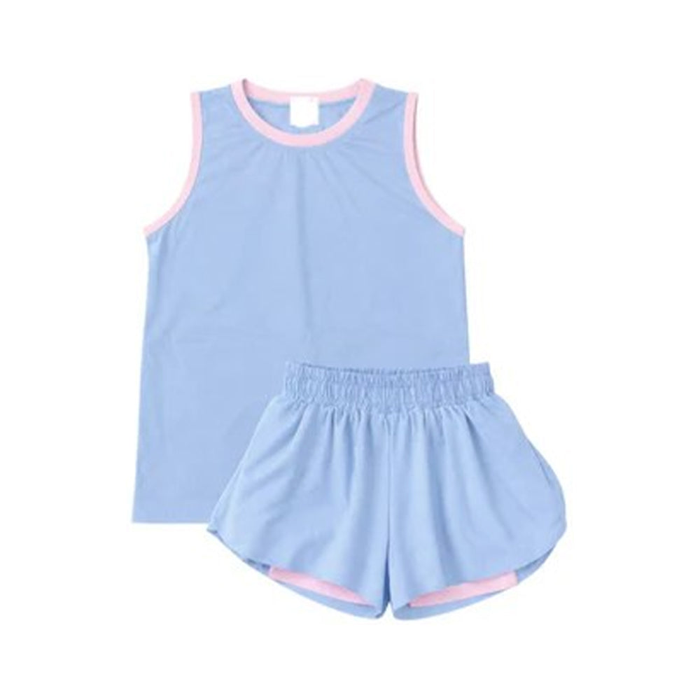 GSSO3527 Preorder Baby Girls Blue Sleeveless Vests Top Ruffle Short Yoga Active Clothes Set