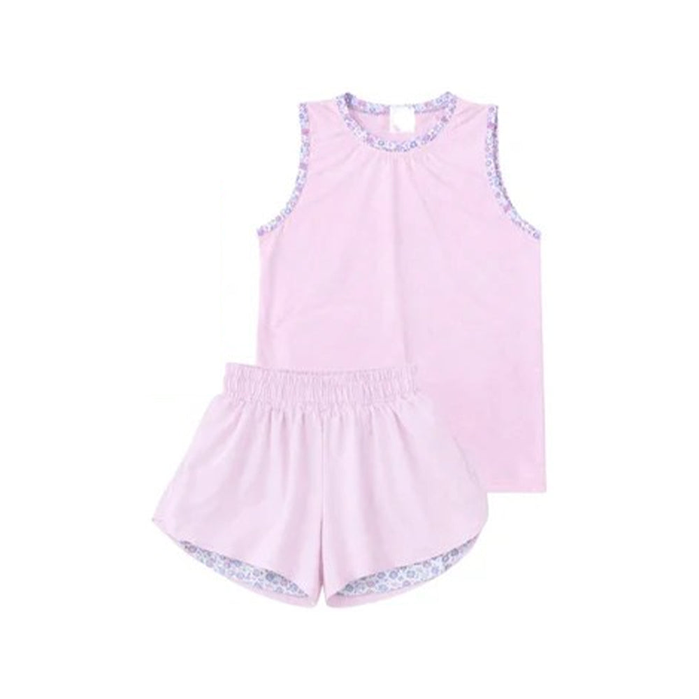 GSSO3530 Preorder Baby Girls Light Pink Sleeveless Vests Top Ruffle Short Yoga Active Clothes Set