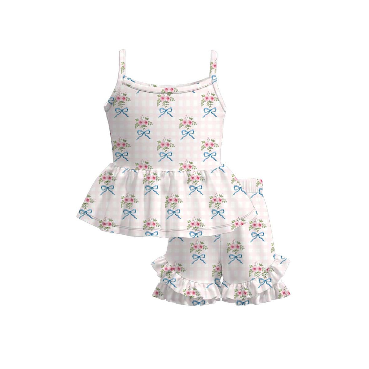 GSSO3533 Preorder Baby Girls Strap Pink Checked Flowers Bows Tunic Ruffle Short Clothes Sets