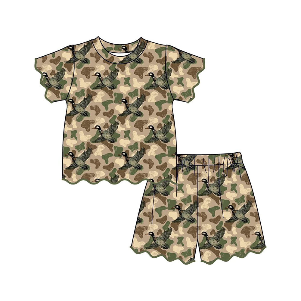 GSSO3537 Preorder Baby Girls Southern Green Camo Ducks Top Scallop Short Hunting Clothes Sets