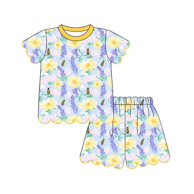 GSSO3540 Preorder Baby Girls Colorful Flowers Bees Top Scallop Short Clothes Sets