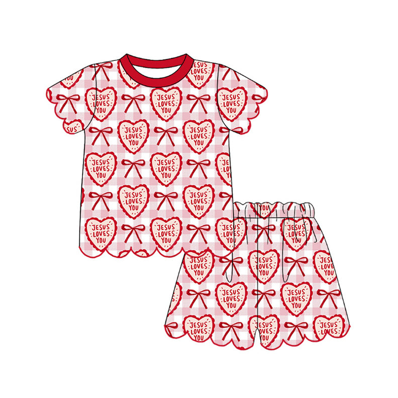 GSSO3541 Preorder Baby Girls Jesus Loves You Hearts Bows Checked Top Scallop Short Clothes Sets
