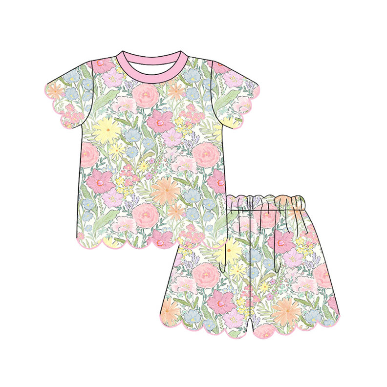 GSSO3543 Preorder Baby Girls Colorful Daisy Flowers Top Scallop Short Clothes Sets