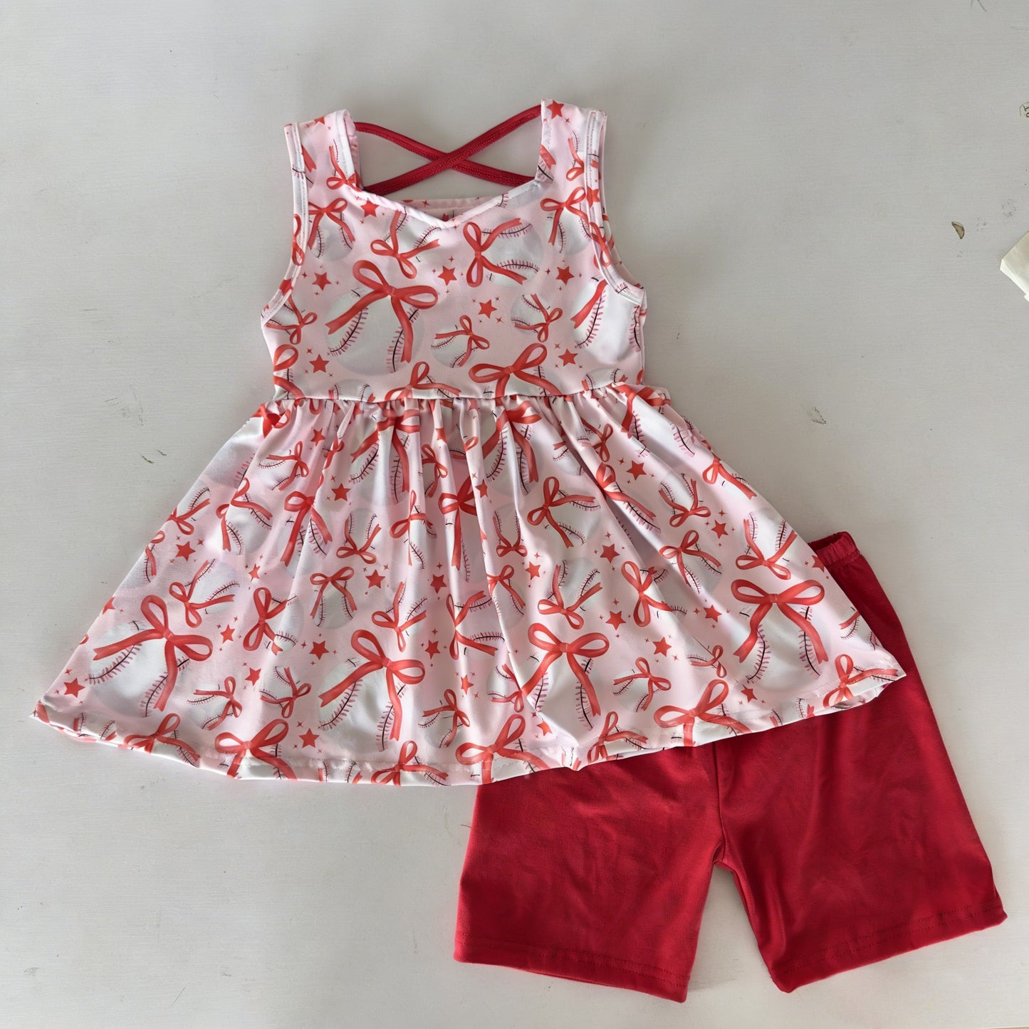 GSSO3544 Preorder Baby Girls Sleeveless Bow Baseballs Stars Tunic Short Team Clothes Sets