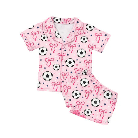 GSSO3545 Preorder Baby Girls Bow Football Stars Button Top Short Team Pajamas Sets