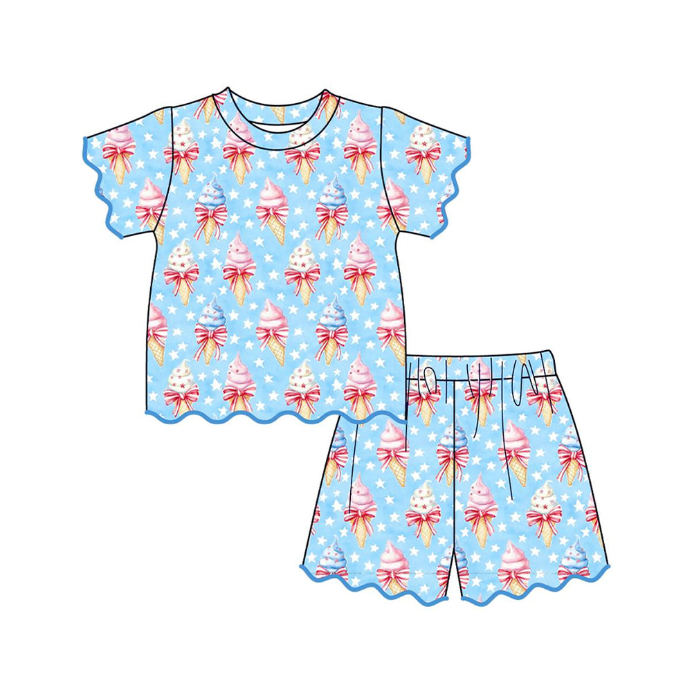 GSSO3547 Preorder Baby Girls Bow Ice Cream Stars Top Scallop Short 4th of July Clothes Sets