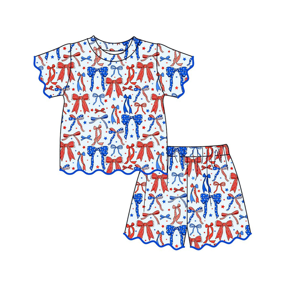 GSSO3548 Preorder Baby Girls Red Blue Bow Stars Top Scallop Short 4th of July Clothes Sets