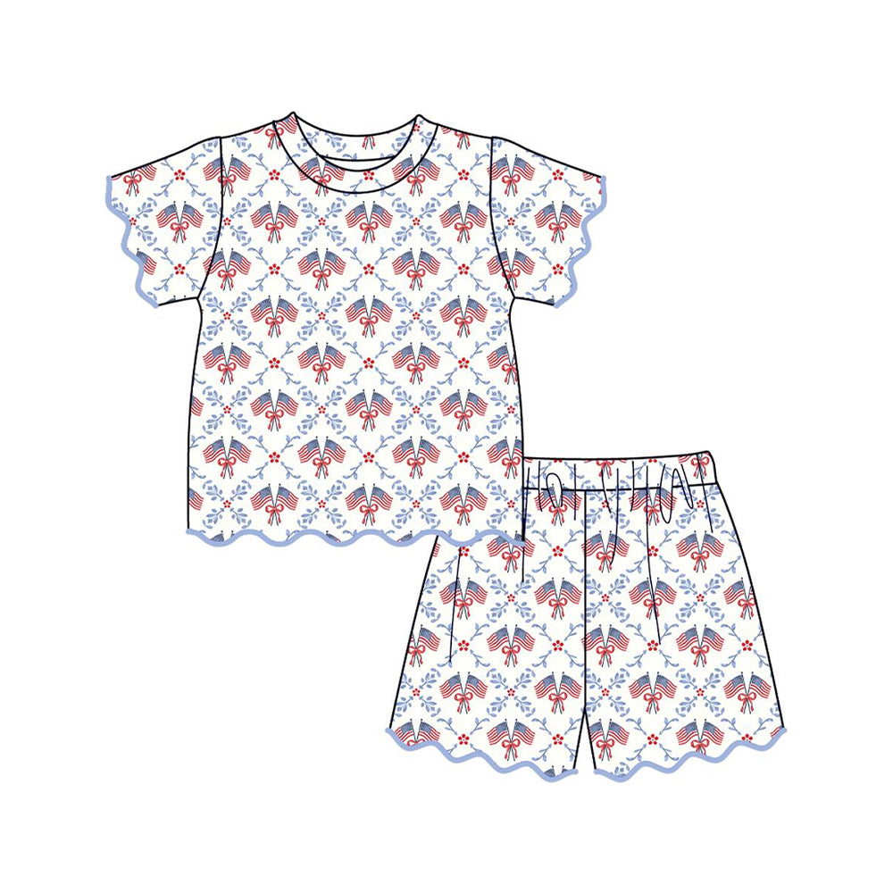 GSSO3549 Preorder Baby Girls Bow Flags Checked Top Scallop Short 4th of July Clothes Sets