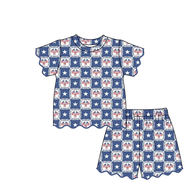 GSSO3550 Preorder Baby Girls Bow Flag Stars Checked Top Scallop Short 4th of July Clothes Sets