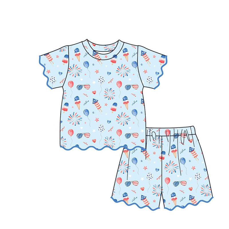 GSSO3551 Preorder Baby Girls Flag Glasses Popsicle Top Scallop Short 4th of July Clothes Sets
