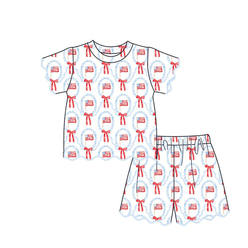 GSSO3552 Preorder Baby Girls Flag Bows Checked Top Scallop Short 4th of July Clothes Sets