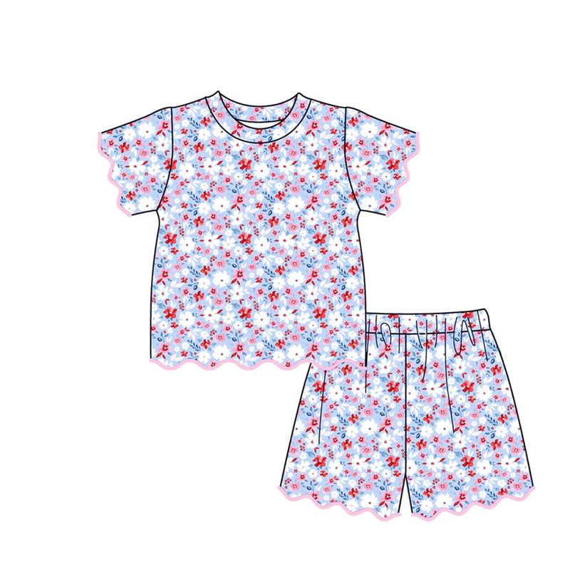 GSSO3553 Preorder Baby Girls Flag Bows Checked Top Scallop Short 4th of July Clothes Sets(副本)