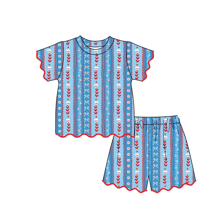 GSSO3554 Preorder Baby Girls Bows Flowers Stripe Top Scallop Short 4th of July Clothes Sets