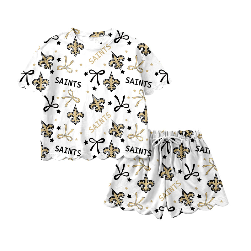 GSSO3561 Preorder Baby Girl Star Bows Saints Top Scallop Short Team Clothes Sets