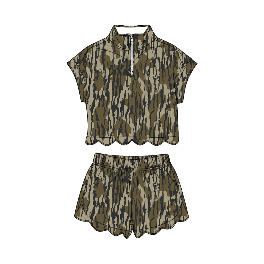 GSSO3563 Preorder Baby Girl Southern Olive Camo Zipper Top Scallop Short Clothes Sets