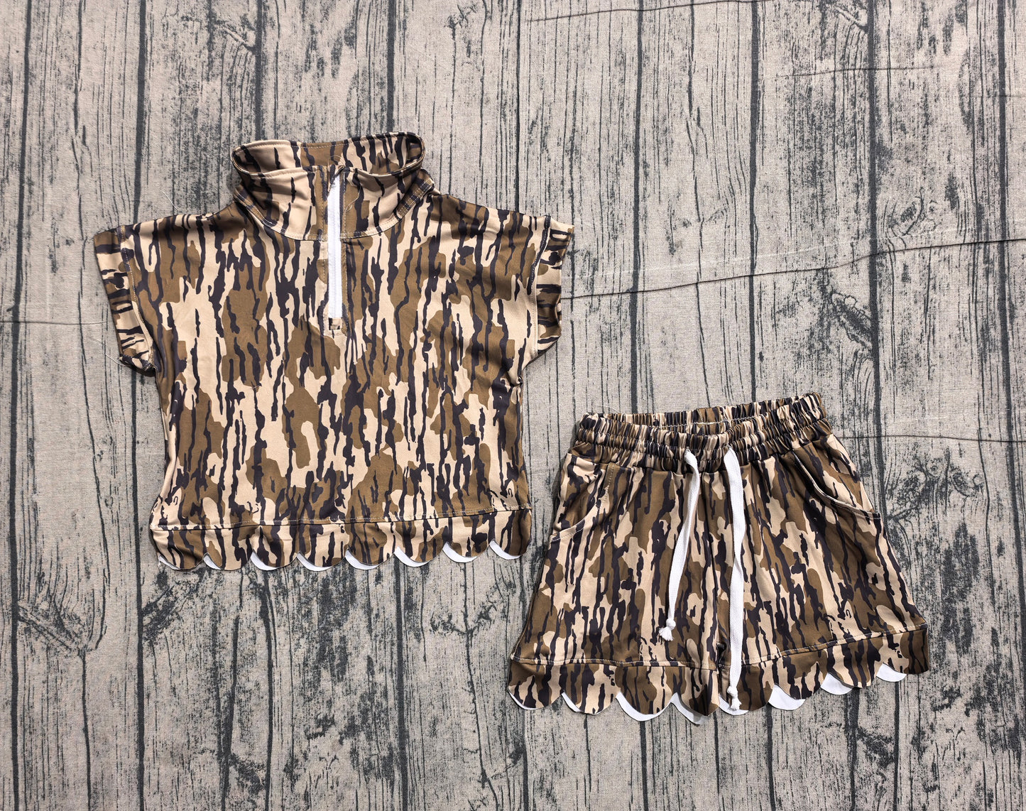 GSSO3563 Preorder Sample Baby Girl Southern Olive Camo Zipper Top Scallop Short Clothes Sets