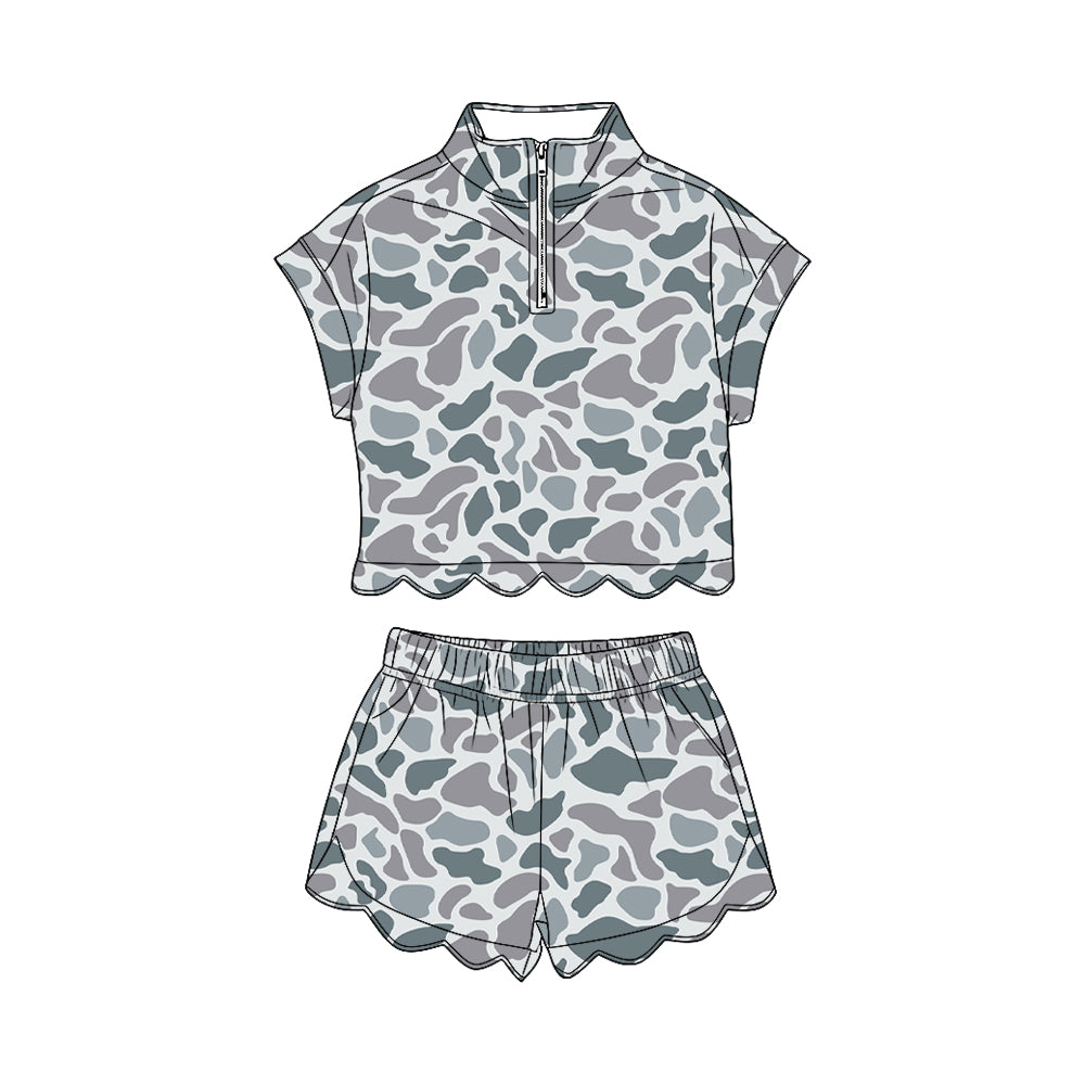 GSSO3564 Preorder Baby Girl Southern Light Grey Camo Zipper Top Scallop Short Clothes Sets