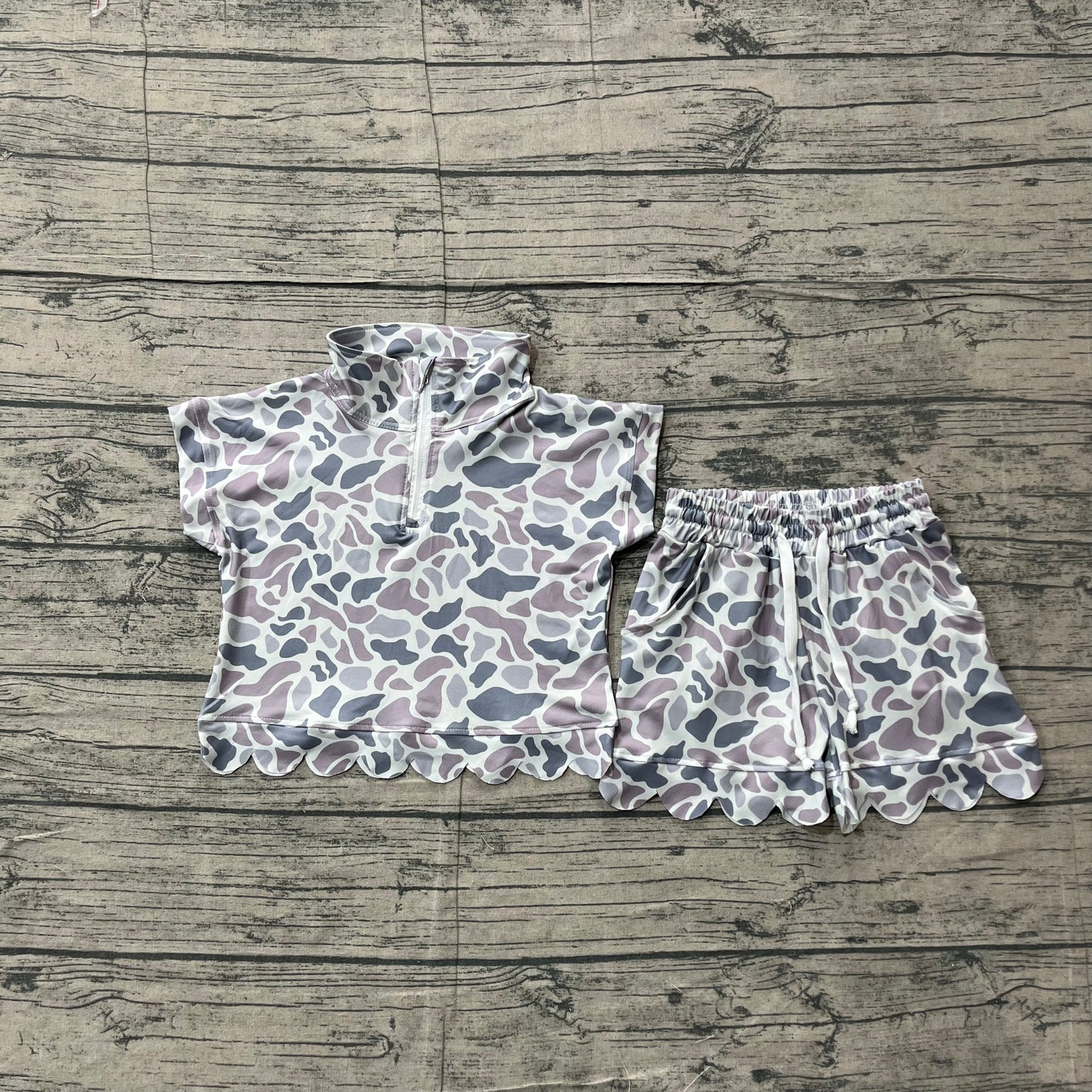 GSSO3564 Preorder Sample Baby Girl Southern Light Grey Camo Zipper Top Scallop Short Clothes Sets