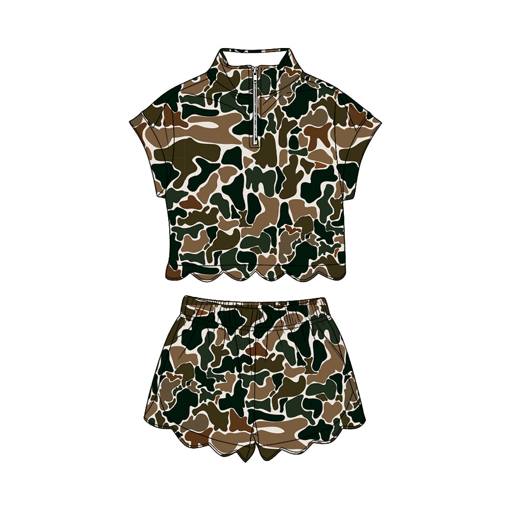 GSSO3566 Preorder Baby Girl Southern Dark Brown Camo Zipper Top Scallop Short Clothes Sets