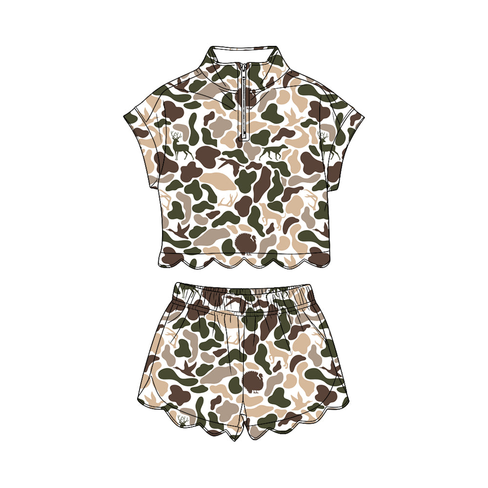 GSSO3567 Preorder Baby Girl Dog Ducks Camo Zipper Top Scallop Short Hunting Clothes