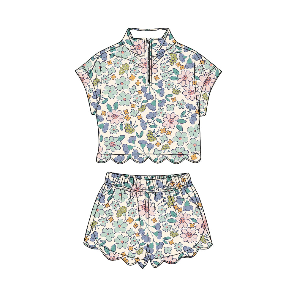 GSSO3574 Preorder Baby Girl Colorful Flowers Zipper Top Scallop Short Clothes Sets