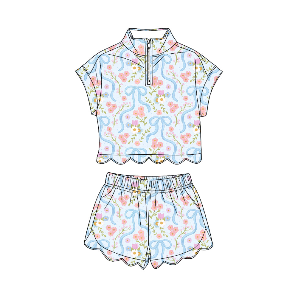 GSSO3575 Preorder Baby Girl Bows Flowers Zipper Top Scallop Short Clothes Sets