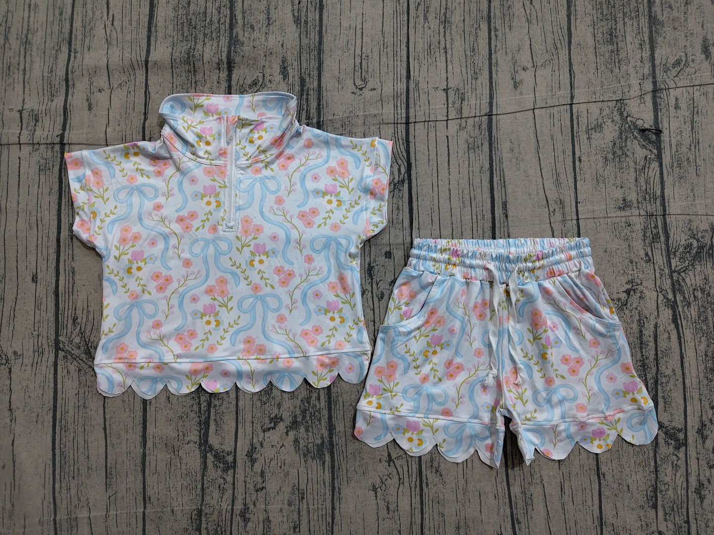 GSSO3575 Preorder Sample Baby Girls Bows Flowers Zipper Top Scallop Short Clothes Sets
