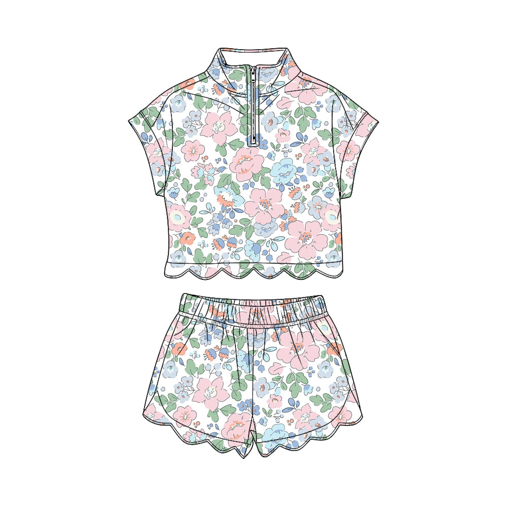 GSSO3577 Preorder Baby Girl Colorful Flowers Zipper Top Scallop Short Clothes Sets