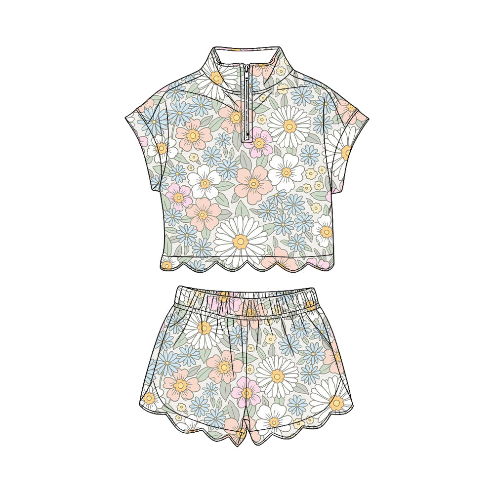 GSSO3578 Preorder Baby Girl Colorful Flowers Zipper Top Scallop Short Clothes Sets