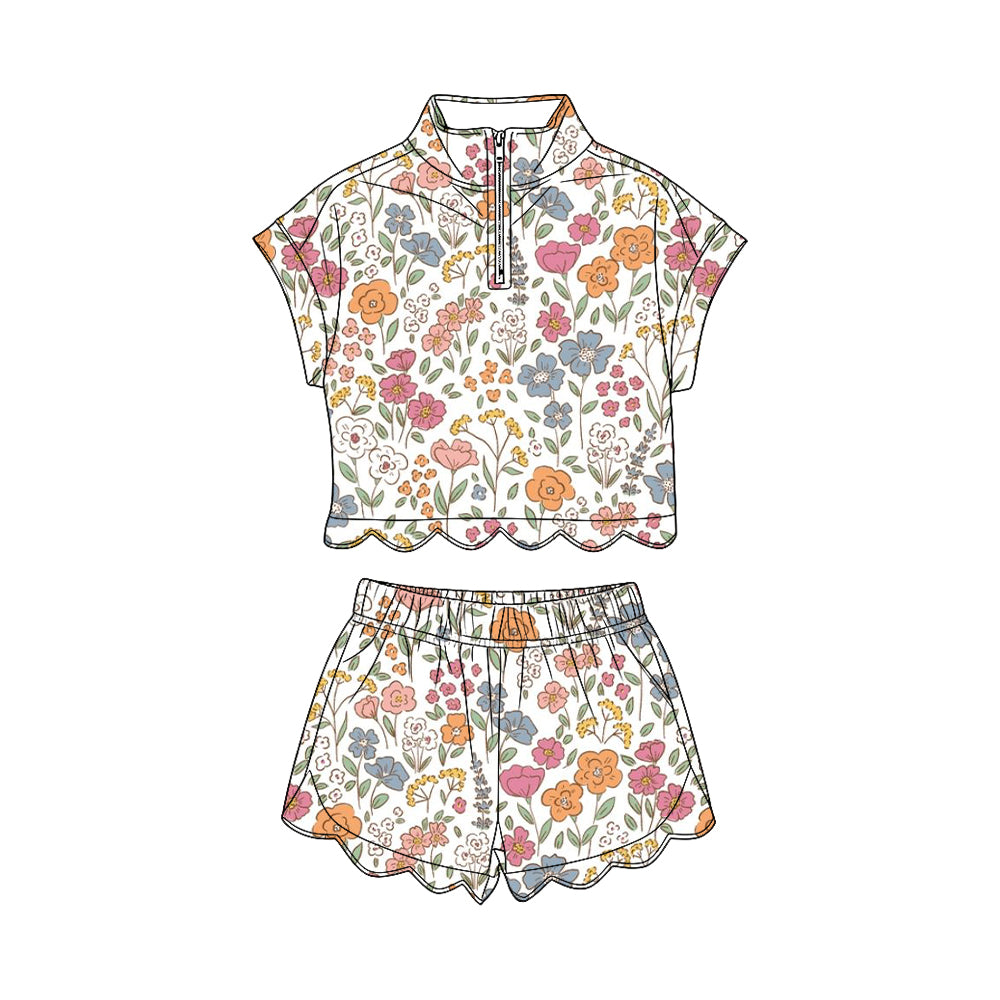 GSSO3579 Preorder Baby Girl Colorful Flowers Zipper Top Scallop Short Clothes Sets