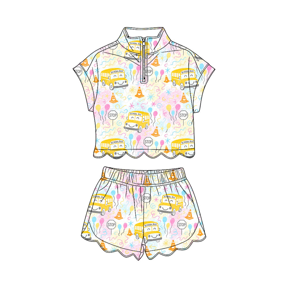 GSSO3583 Preorder Baby Girl Balloons Bus Zipper Top Scallop Short 4th of July Clothes Sets