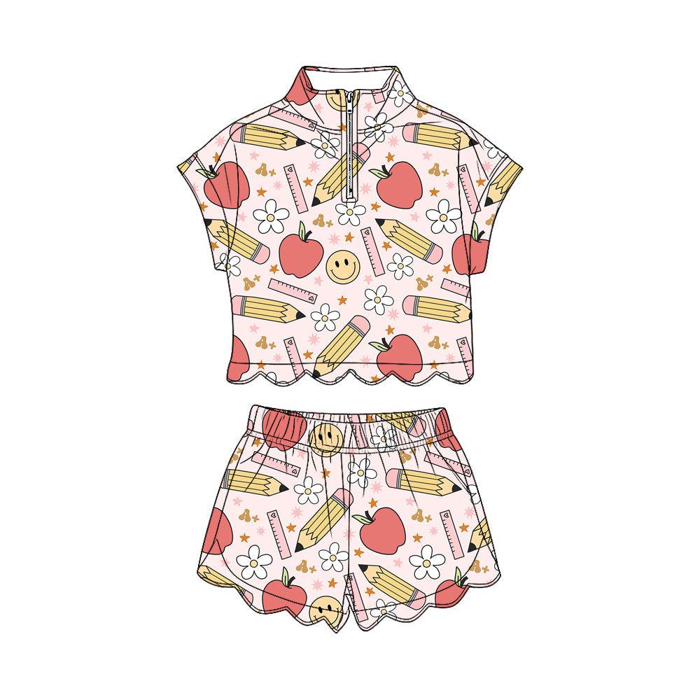 GSSO3584 Preorder Baby Girl Pencils Apples Zipper Top Scallop Short Back to School Clothes Sets