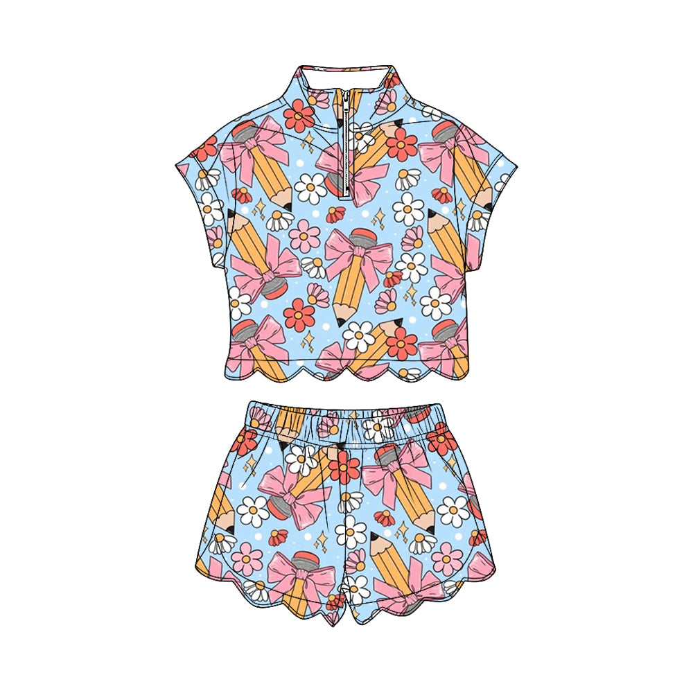 GSSO3585 Preorder Baby Girl Pencils Flowers Zipper Top Scallop Short Back to School Clothes Sets