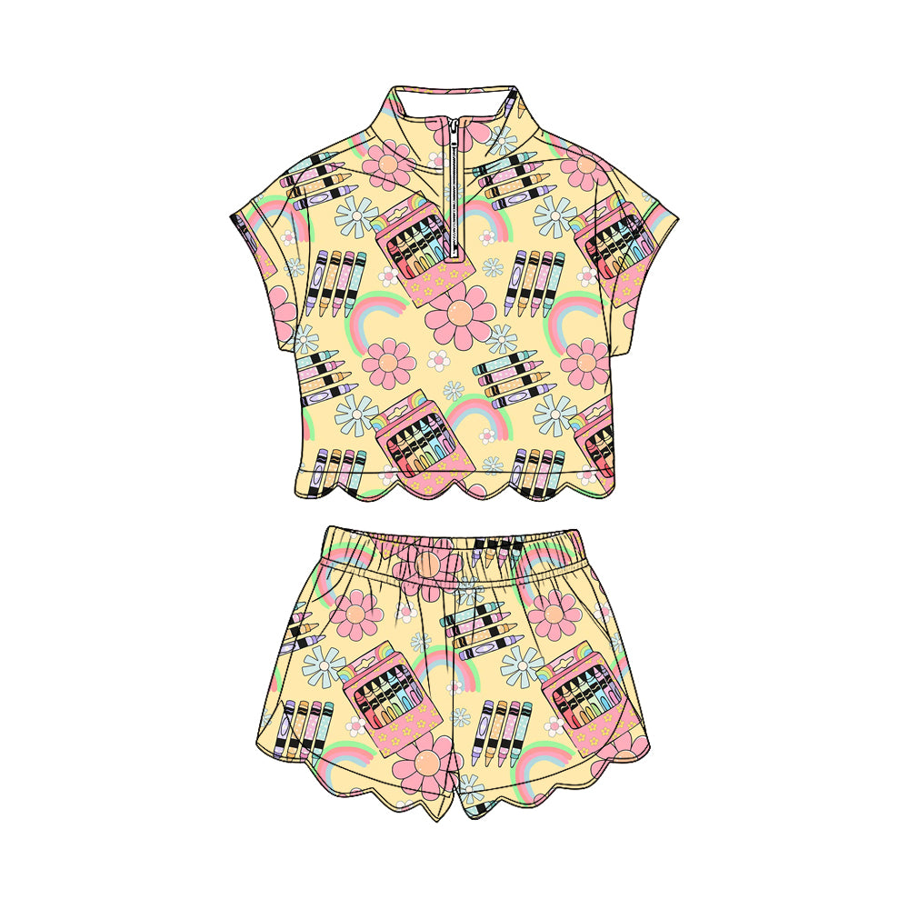 GSSO3587 Preorder Baby Girls Pencil Rainbows Zipper Top Scallop Short Back to School Clothes Sets