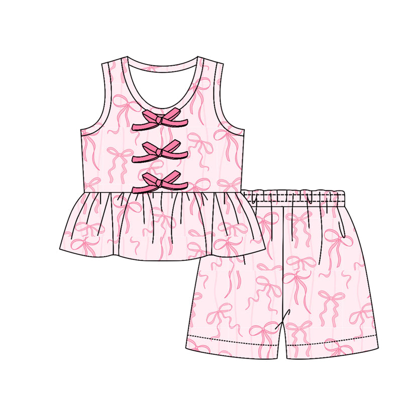 GSSO3588 Preorder Baby Girl Sleeveless Pink Bows Button Tunic Short Clothes Sets