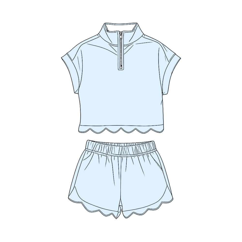GSSO3595 Preorder Baby Girl Light Blue Zipper Top Scallop Short Clothes Sets