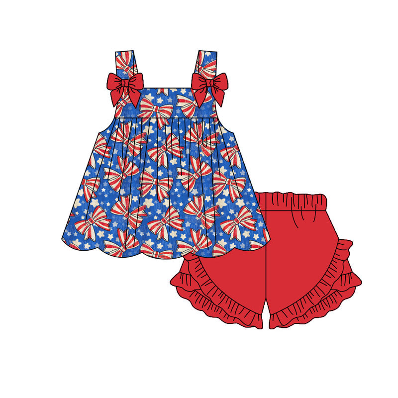GSSO3596 Preorder Baby Girl Strap Flag Bows Stars Tunic Ruffle Short 4th of July Clothes Sets