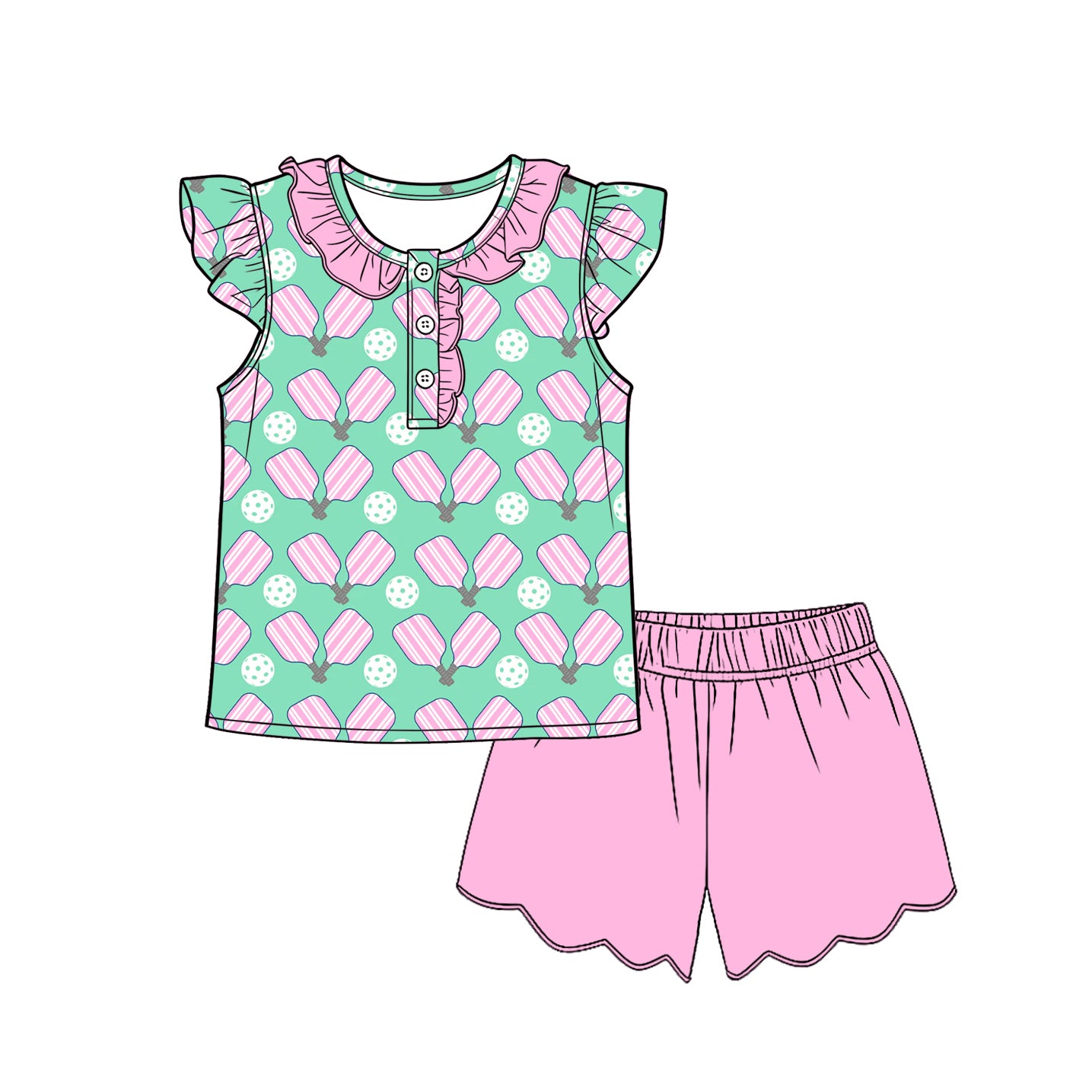 GSSO3597 Preorder Baby Girl Tennis Button Tunic Scallop Shorts Team Clothes Sets