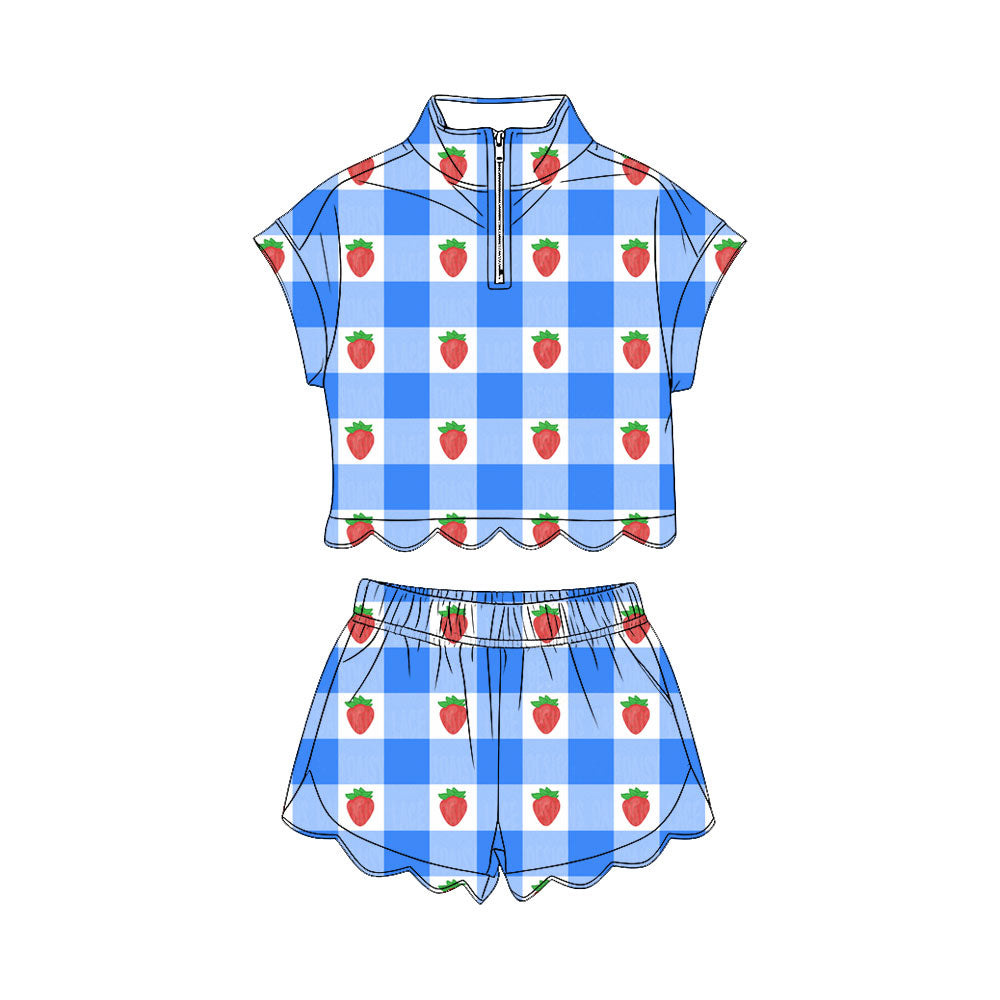 GSSO3600 Preorder Baby Girl Blue Checked Strawberry Zipper Top Short Scallop Clothes Sets