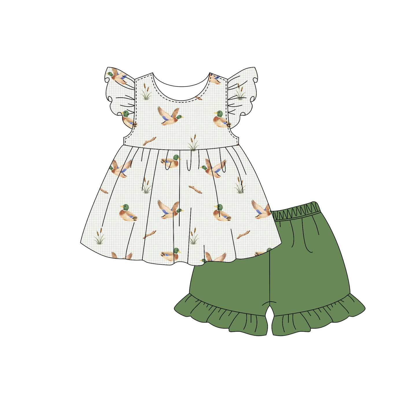 GSSO3602 Preorder Baby Girl Flutter Sleeve Ducks Tunic Ruffle Shorts Hunting Clothes Sets