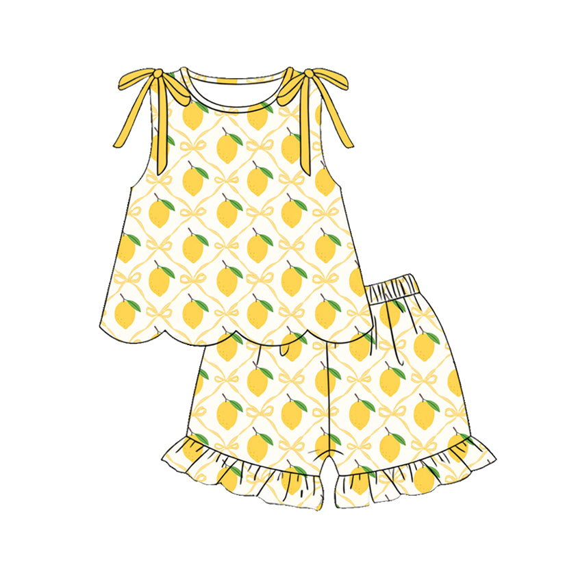 GSSO3611 Preorder Baby Girl Sleeveless Bows Lemons Checked Tunic Ruffle Shorts Clothes Sets