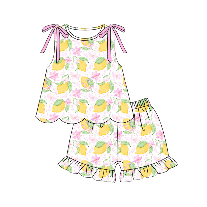 GSSO3612 Preorder Baby Girl Sleeveless Flowers Lemons Tunic Ruffle Shorts Clothes Sets