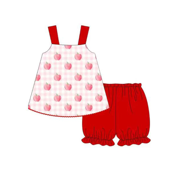 GSSO3616 Preorder Baby Girl Red Strap Checked Apples Tunic Ruffle Shorts Back to School Clothes Sets