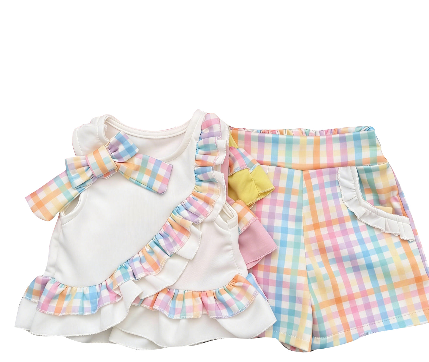 GSSO3617 Preorder Baby Girl Sleeveless Colorful Checked Tunic Pockets Shorts Clothes Sets