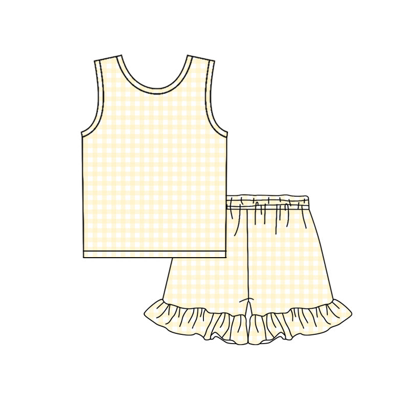 GSSO3626 Preorder Baby Girl Sleeveless Yellow Checked Top Ruffle Shorts Clothes Sets