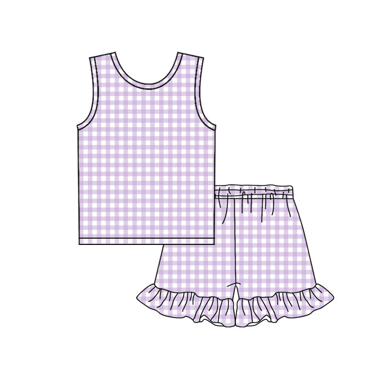 GSSO3627 Preorder Baby Girl Sleeveless Lavender Checked Top Ruffle Shorts Clothes Sets