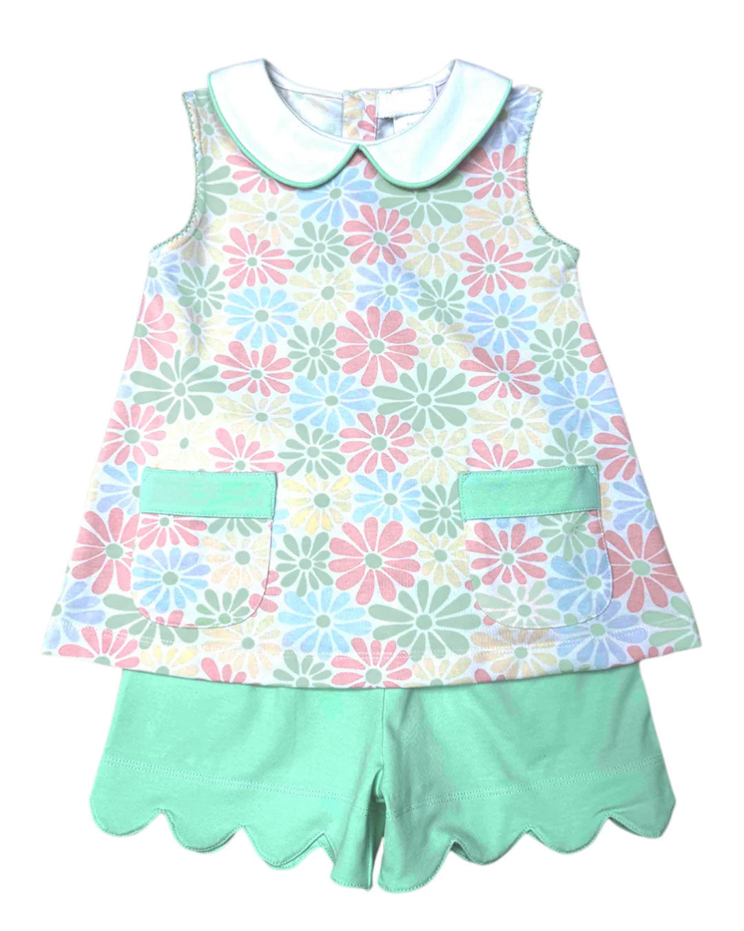 GSSO3632 Preorder Baby Girl Colorful Daisy Collar Pockets Tunic Scallop Shorts Clothes Set
